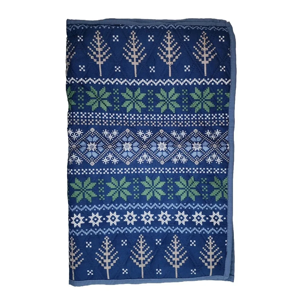 2 Martha Stewart Quilted Pillow Shams Blue Green Fair Isle Christmas 20x26